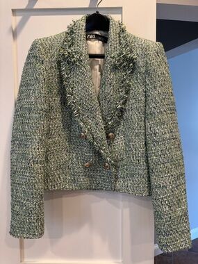 Zara Light Green Tweed Double-Breasted Cropped Blazer